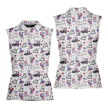 Flamingo American Flag Women's Sleeveless Golf Shirt, Flamingo 4th Of July Golf Shirts GE0518