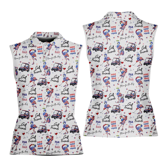 Flamingo American Flag Women's Sleeveless Golf Shirt, Flamingo 4th Of July Golf Shirts GE0518