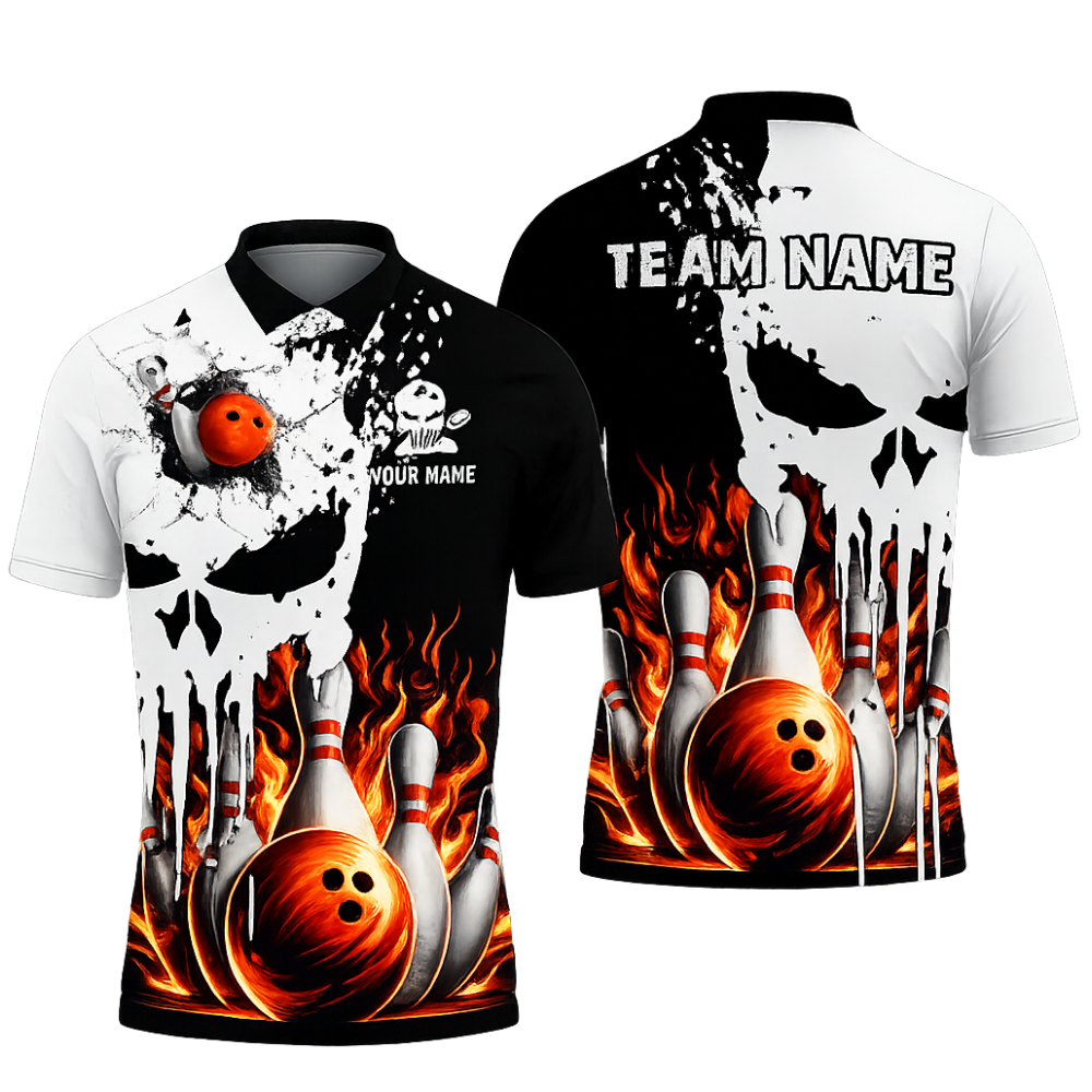 Custom Skeleton Mens Blue Flame Bowling Polo Shirt, Custom Skull Bowling Team Shirts BZ0464