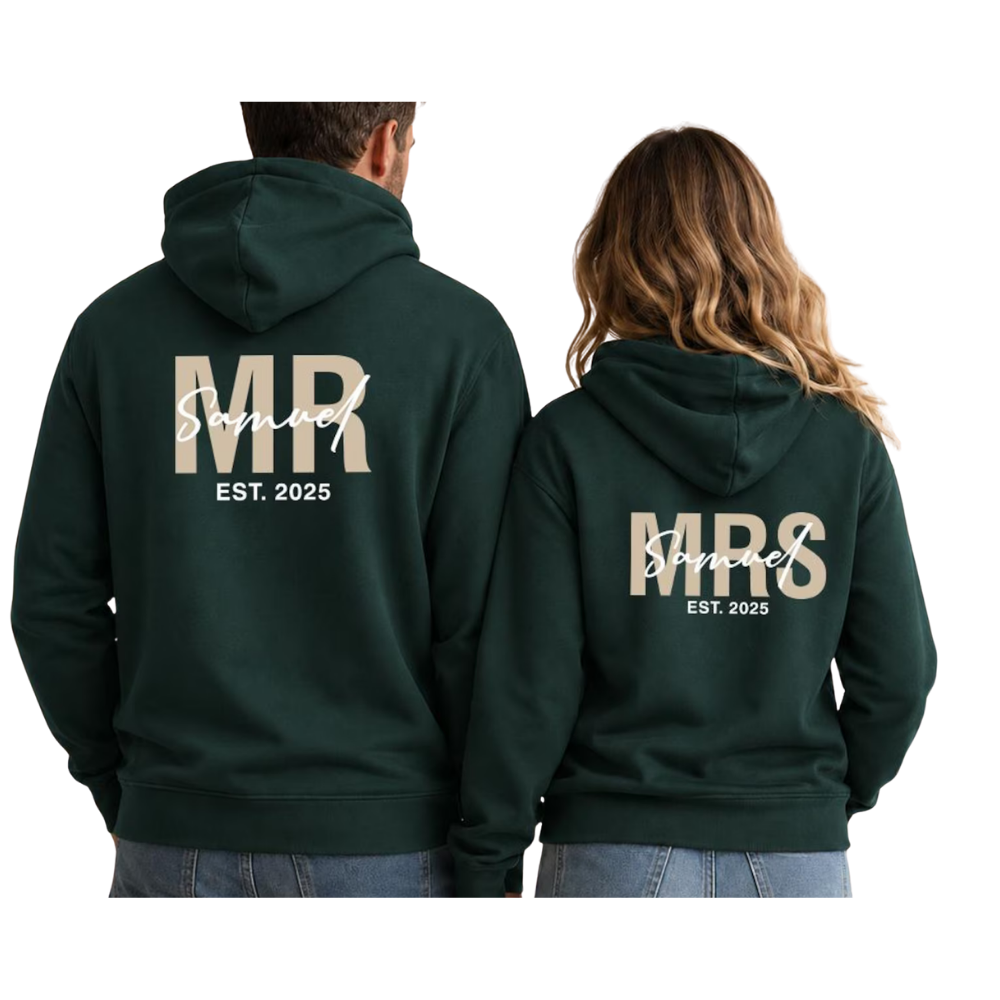 Custom Mr And Mrs Hoodies With Year, Custom Couple Newlywed Matching Hoodies ET1499
