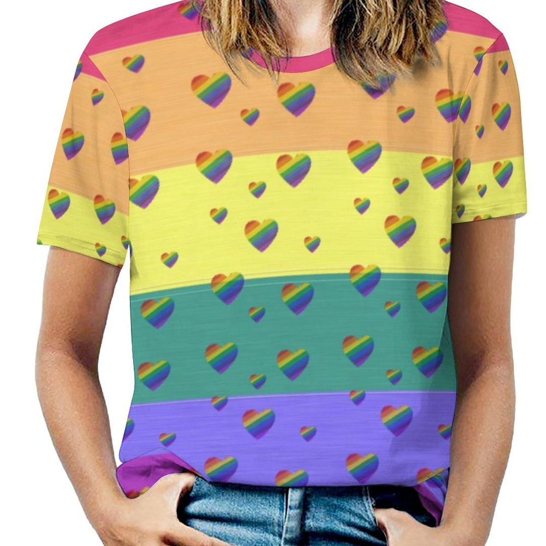 Lgbt Pride Rainbow 3D T Shirt, Hearts Pattern Short Sleeve 3D Shirt For Lesbian Girl LO0915