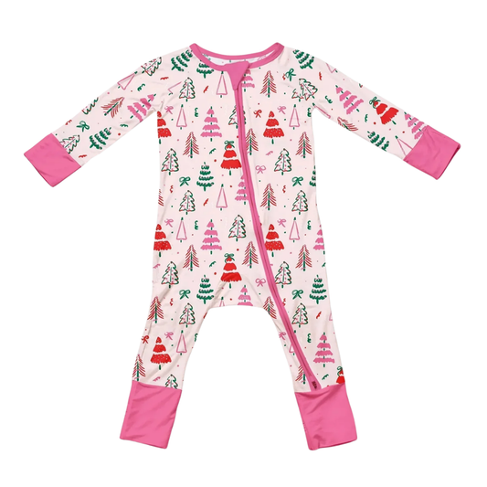 Christmas Tree Pink Baby Girl Convertible Zippy Romper, Christmas Baby Romper Convertible BB0915