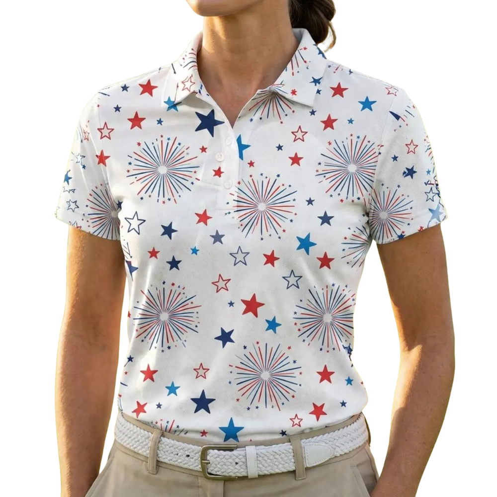 Firework Matching White Red Blue Couple Golf Polo Shirts, Matching 4th Of July Golf Shirts For His And Her GE0530
