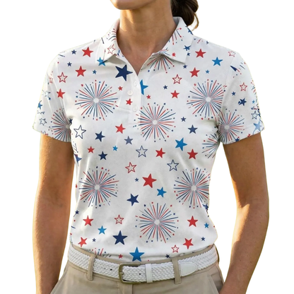 Firework Matching White Red Blue Couple Golf Polo Shirts, Matching 4th Of July Golf Shirts For His And Her GE0530