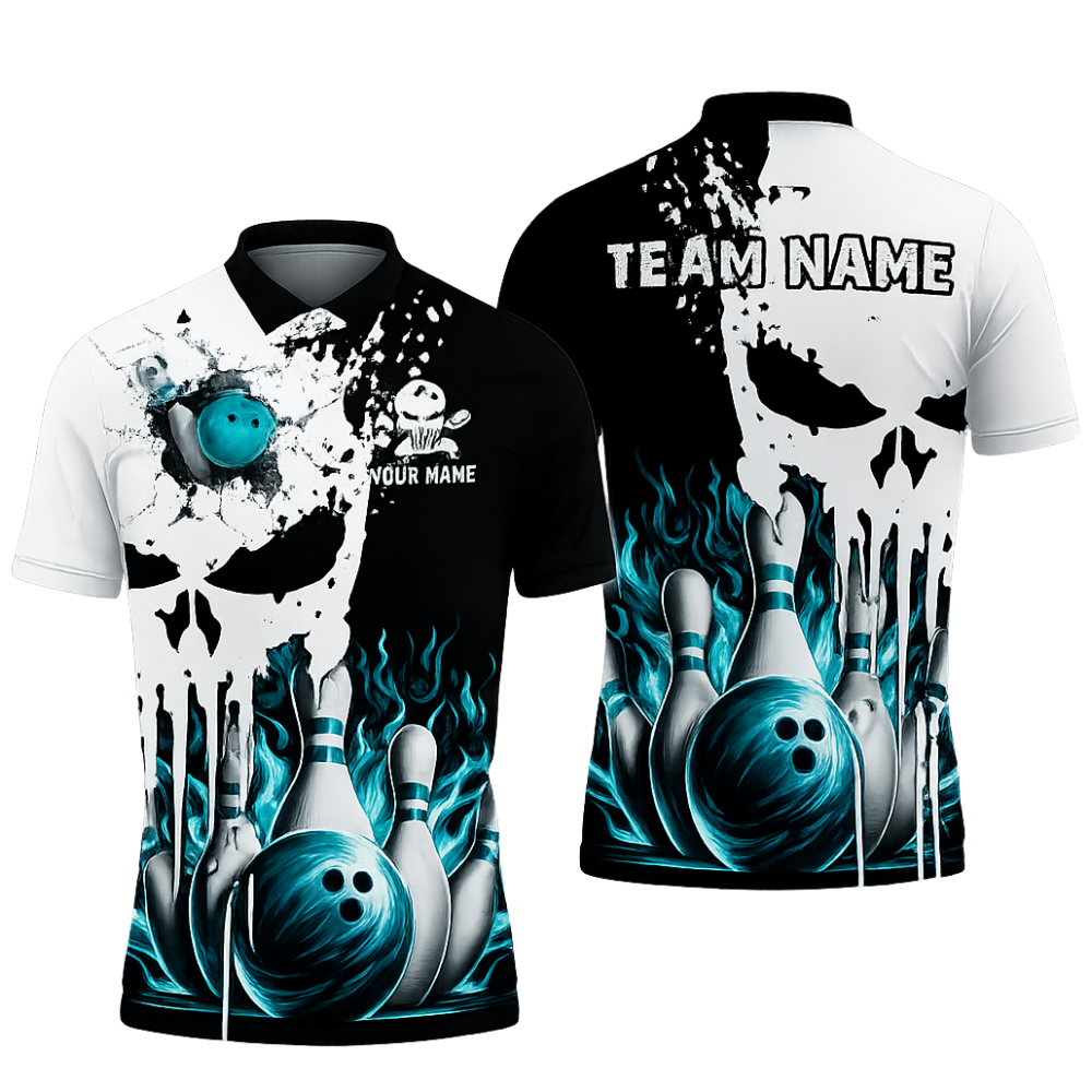 Custom Skeleton Mens Blue Flame Bowling Polo Shirt, Custom Skull Bowling Team Shirts BZ0464