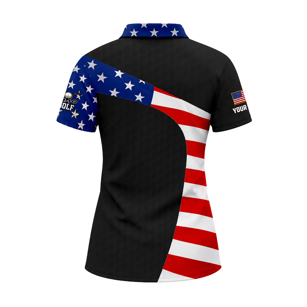 Funny Man & Beer USA Flag Women's Custom Golf Polo Shirt Black, Custom Patriotic 4th Of July Golf Shirts For Women GZ0269