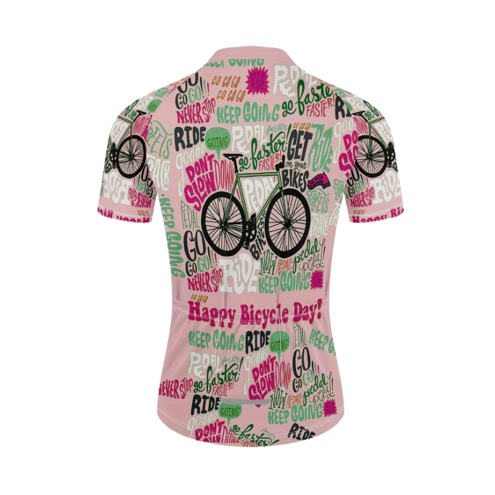 Happy Bicycle Day Don't Slow Womens Pink Cycling Short Sleeve Jersey, Funny Cycle Jersey For Womens CE0017
