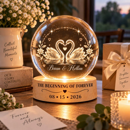 The Beginning Of Forever Custom Swan Couple Crystal Ball Led Night Light, Custom Wedding Anniversary Night Light WD0898