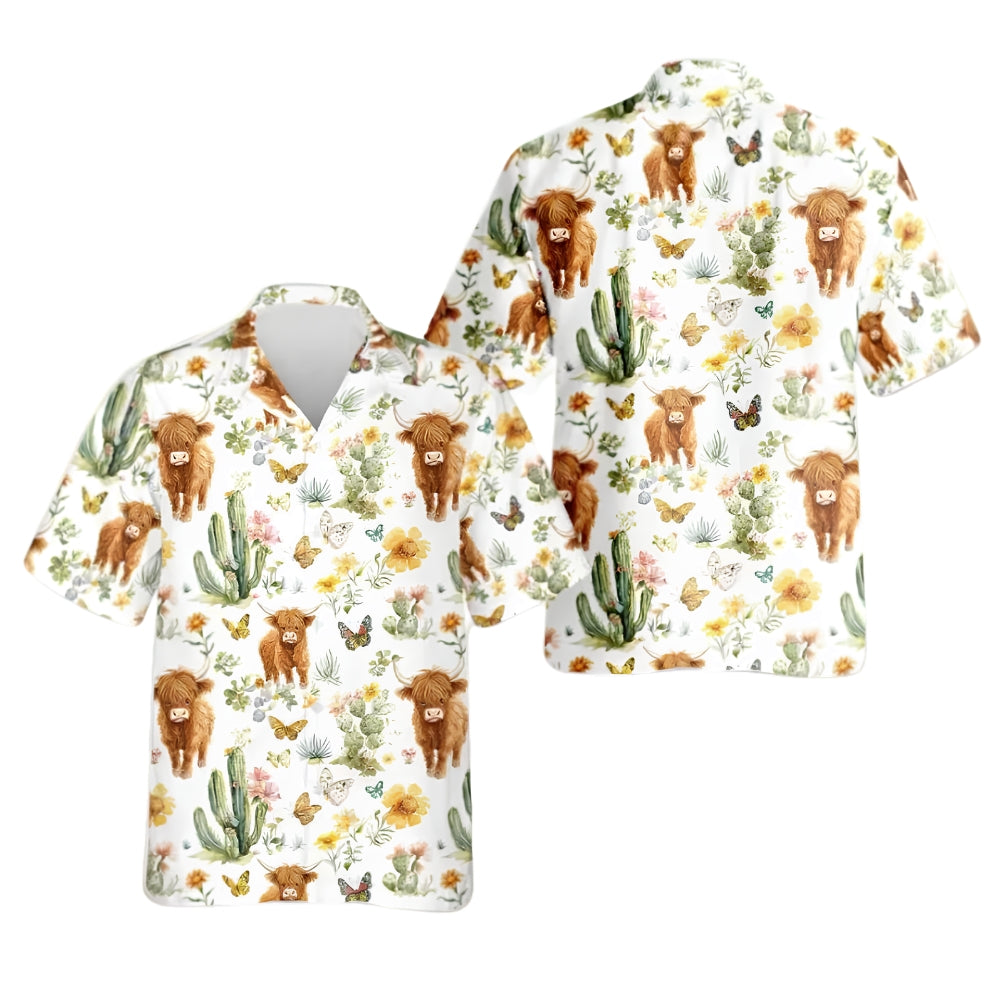 Highland Cattle Cactus Tropical Hawaiian Shirt Men Women, Highland Cow Western Hawaiian Shirts HE0437