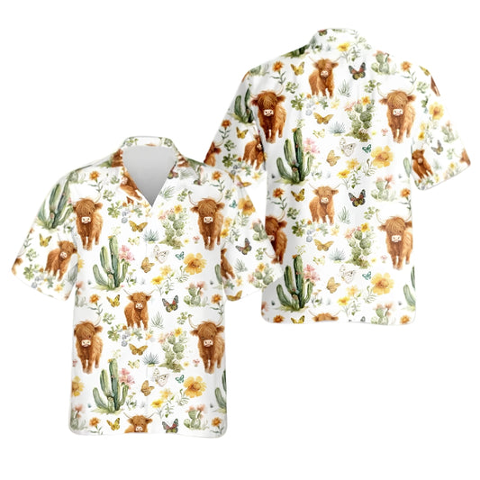 Highland Cattle Cactus Tropical Hawaiian Shirt Men Women, Highland Cow Western Hawaiian Shirts HE0437