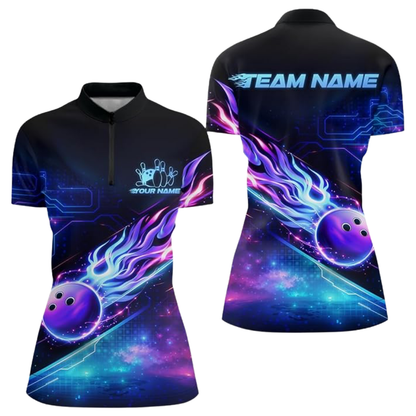 Custom Neon Purple Flame Women's Bowling Jersey, Custom Flame Ladies Bowling Shirts BZ0537