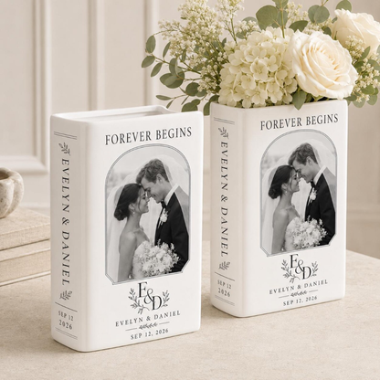 Forever Begins Custom Photo Wedding Ceramic Book Vase, Custom Wedding Book Vase With Photo WD0553