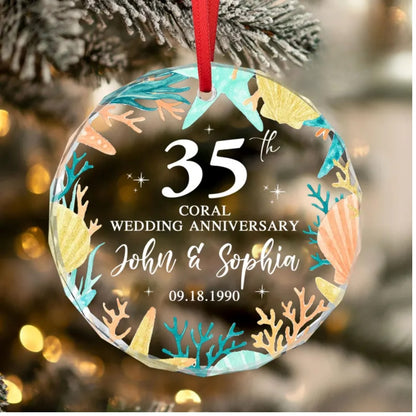 Custom 35th Coral Wedding Anniversary Glass Ornament, Custom 35th Anniversary Ornament WD0016