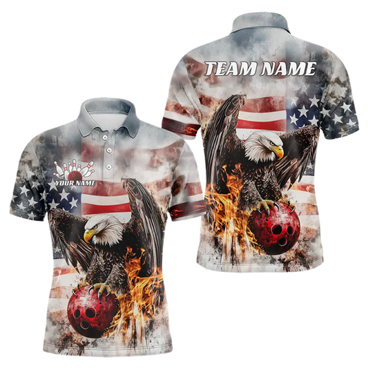 Eagle Flaming Ball Custom American Flag Bowling Mens Polo Shirt, Custom Patriotic Eagle Bowling Team Shirts BZ0489