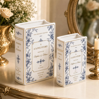 Custom Couple Name Toile De Jouy Ceramic Book Vase For Wedding Engagement, Custom Wedding Book Vase WD0565