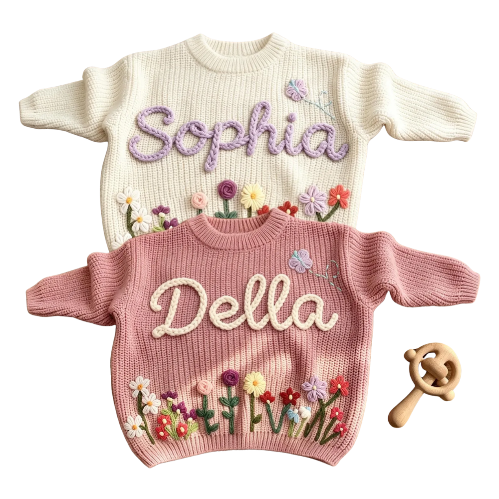 Custom Wildflower Baby Embroidered Knit Sweater, Custom Floral Baby Sweatshirt BB0798