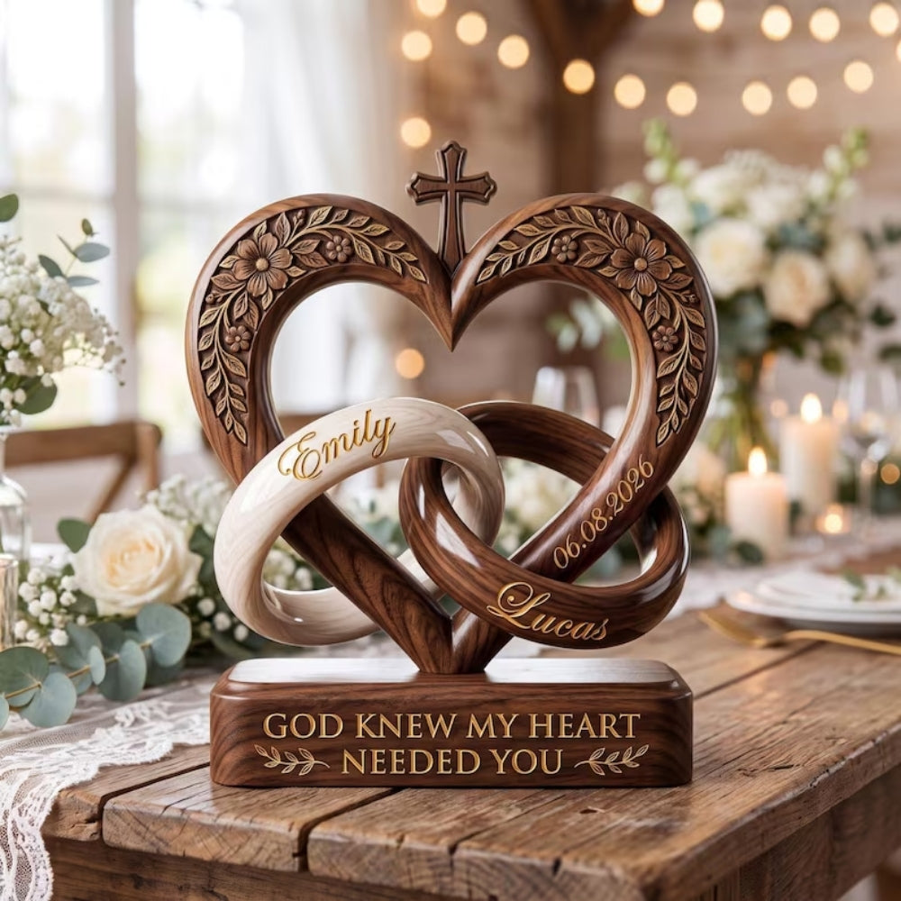 Custom Cross Heart Couple Wedding Wooden Plaque, Custom Christian Wedding Keepsake Wooden Block WD0785