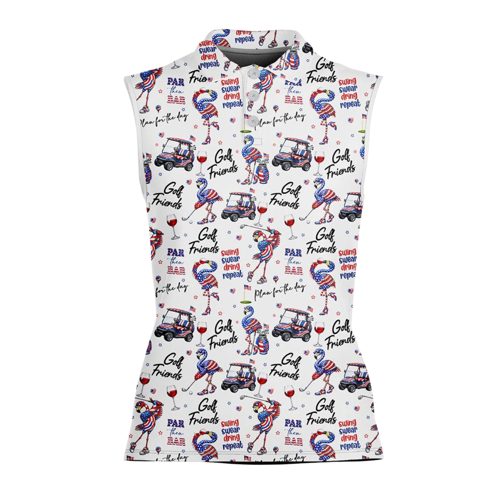 Flamingo American Flag Women's Sleeveless Golf Shirt, Flamingo 4th Of July Golf Shirts GE0518