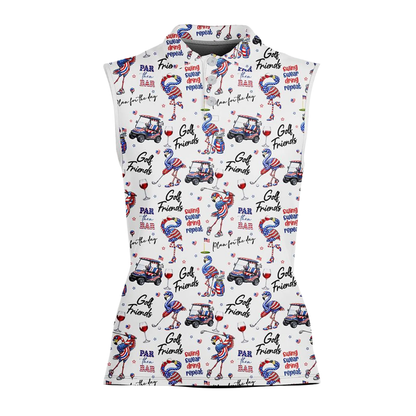 Flamingo American Flag Women's Sleeveless Golf Shirt, Flamingo 4th Of July Golf Shirts GE0518
