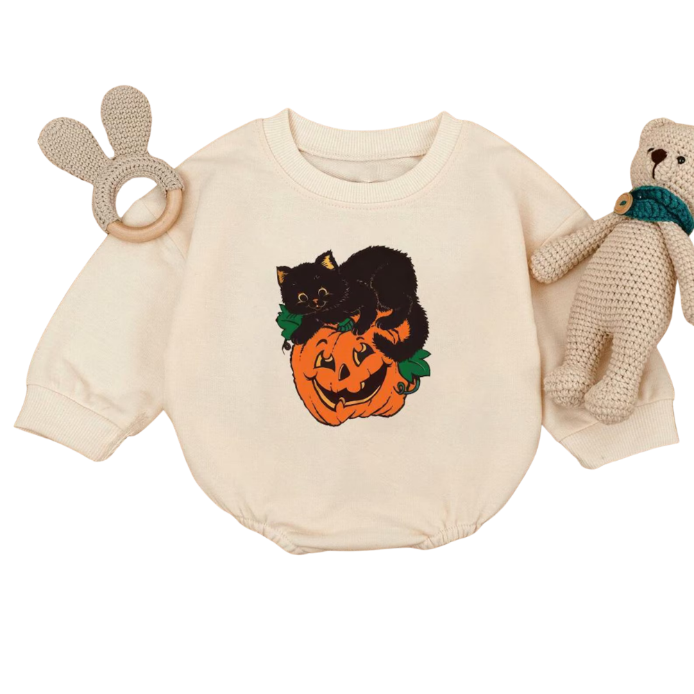 Black Cat Pumpkin Halloween Baby Romper Sweatshirt, Halloween Baby Romper Sweatshirt For Cat Lover BB0016