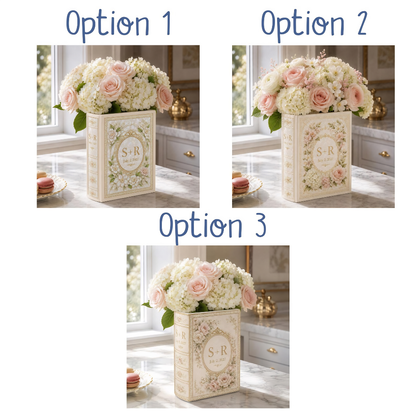 Custom Couple Initials Pearl Floral Wedding Ceramic Book Vase, Personalized Floral Book Vase For Wedding Engagement WD0616