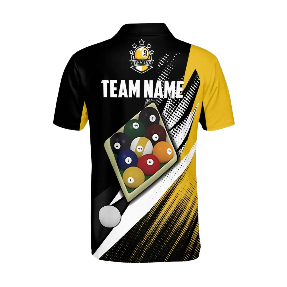 Custom Black Yellow 9 Ball Billiard Polo Shirt Men, Custom Team 9 Ball Billiard Shirts BIZ0179