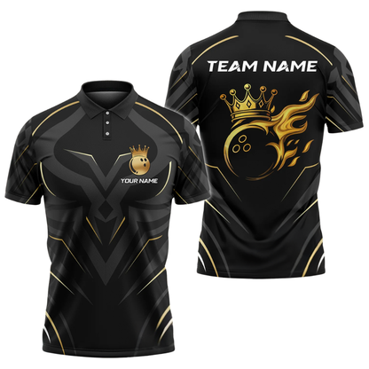 Custom Flame King Ball Bowling Mens Polo Shirt, Black And Gold Custom Team Bowling Shirts BZ0512