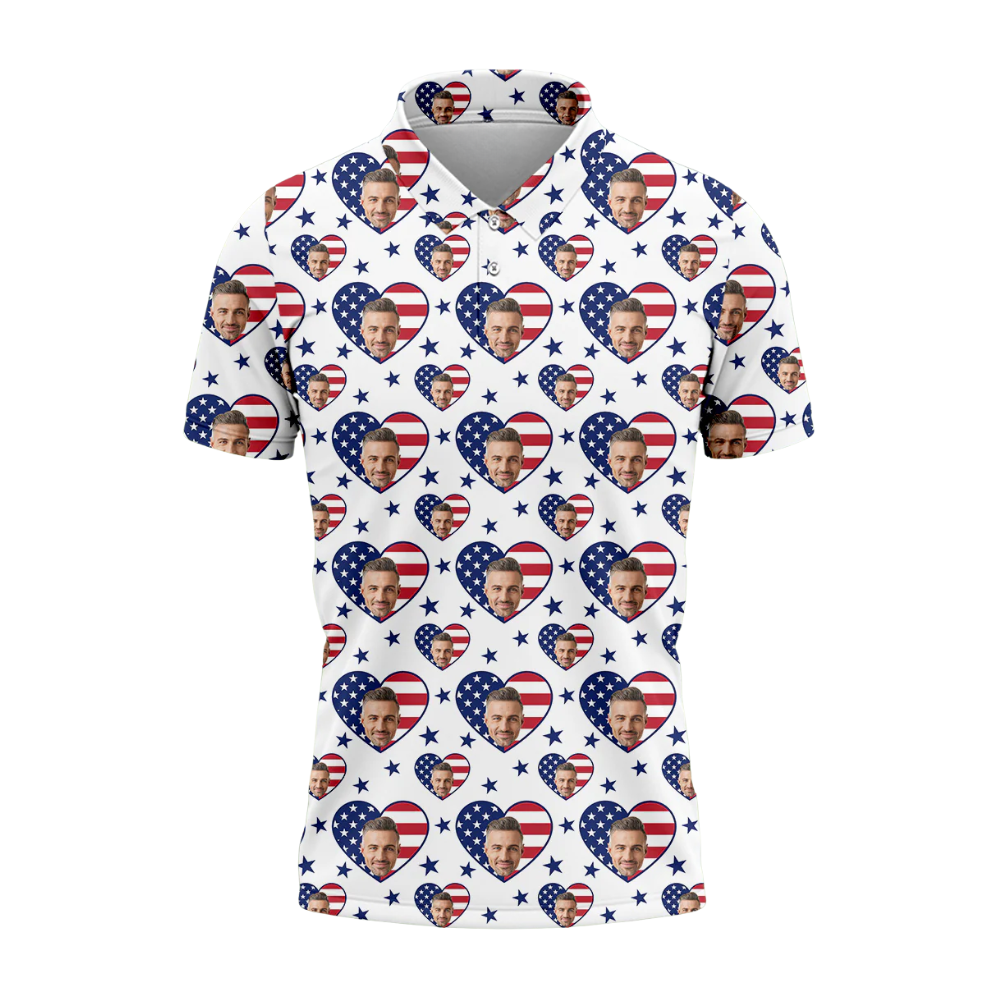 American Flag Custom Face Golf Polo Shirt Men, Custom Photo Patriotic 4th Of July Golf Shirts GZ0291