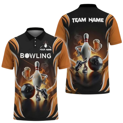 Custom Pin And Beer Bowling Polo Shirt Mens, Custom Team Bowling Shirts For Beer Lovers BZ0478