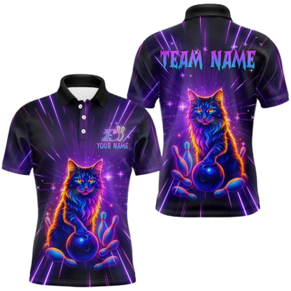 Custom Neon Cat Purple Bowling Polo Shirt Mens, Custom Cat Bowling Team Shirts BZ0669