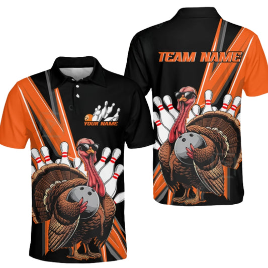 Custom Turkey Black Orange Bowling Men Polo Shirt, Custom Team Bowling Shirts For Thanksgiving BZ0392