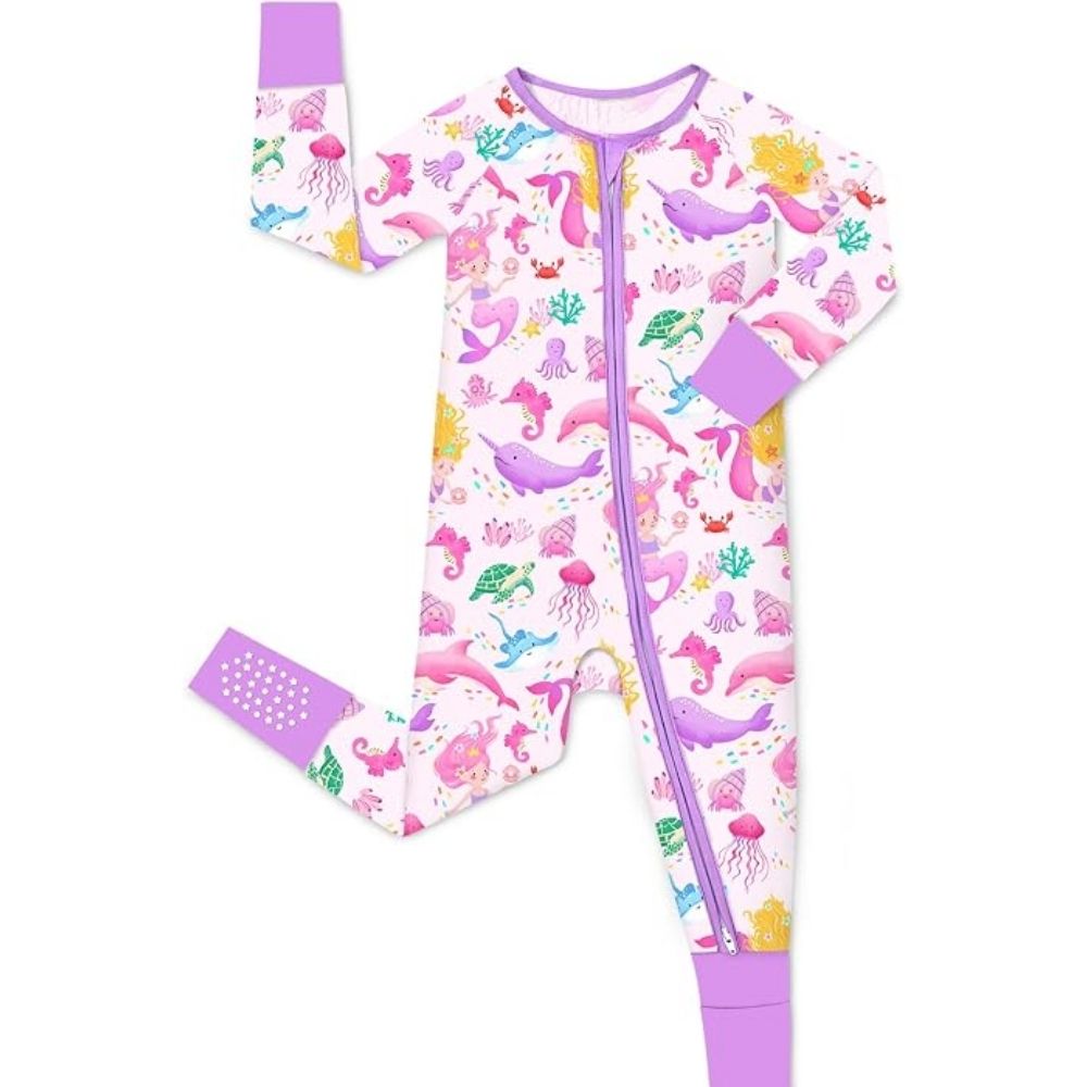 Ocean Animal Purple And Pink Baby Convertible Zippy Romper, Ocean Lover Baby Convertible Romper BB0325