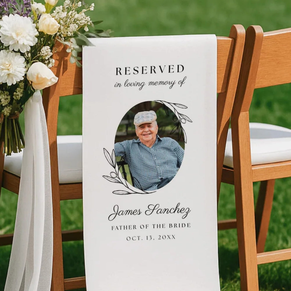 Reserved In Loving Memory Of Custom Photo Fabric Wedding Sign, Personalized Wedding Memory Chair Sign WD0252