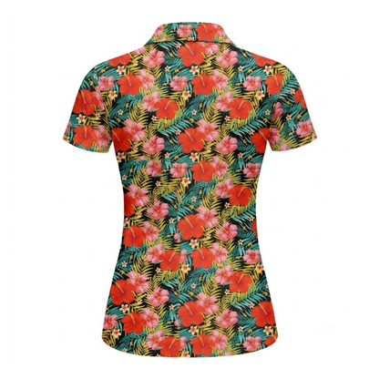 Red Hibiscus Golf Polo Shirt For Ladies, Tropical Floral Golf Shirt For Women GZ0357