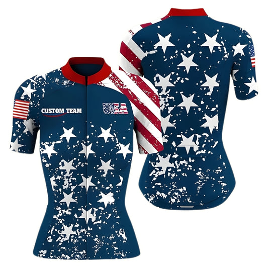 Custom Grunge USA Flag Cycling Jersey Short Sleeve For Womens, Custom Patriotic Cycling Jersey For Ladies CZ0056