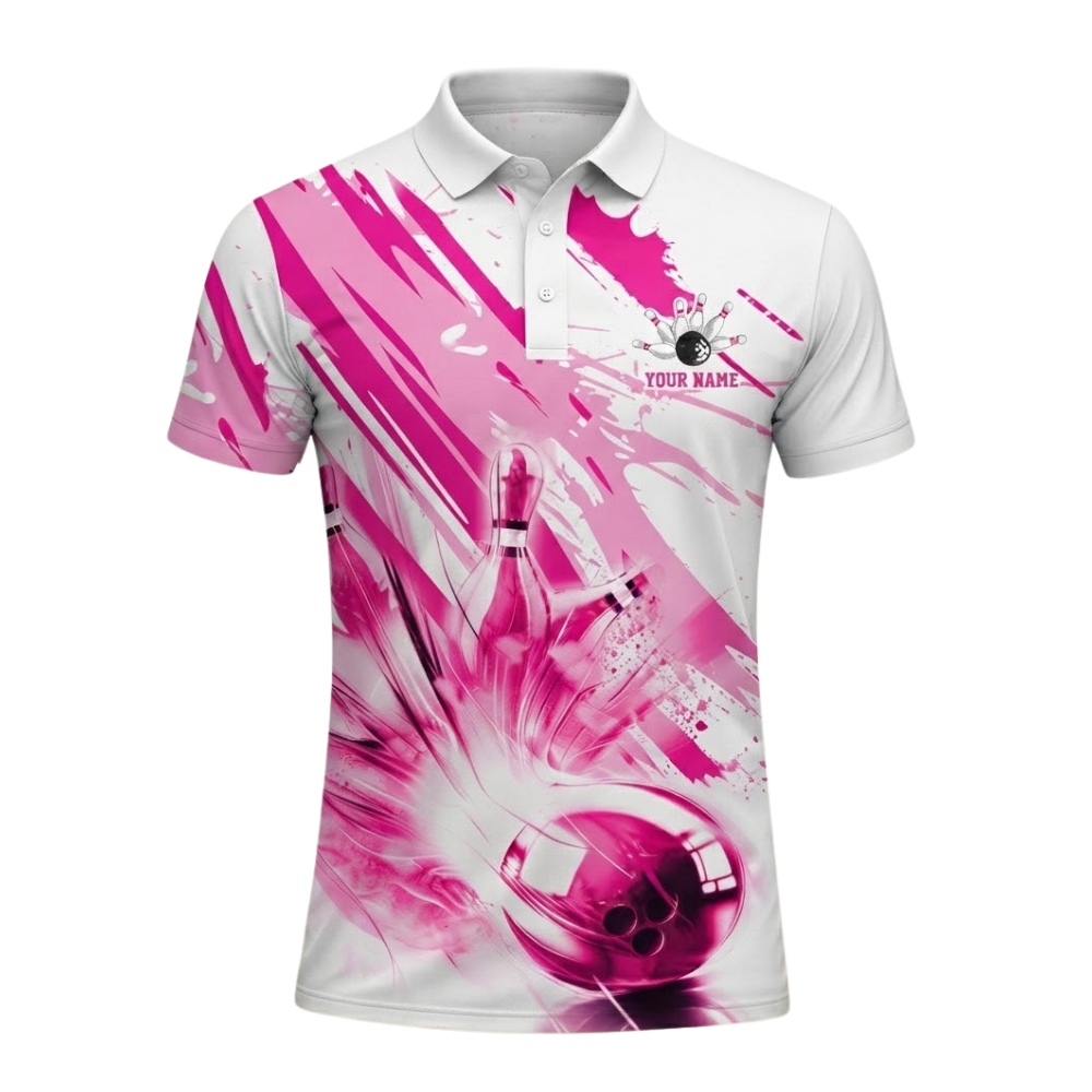 Custom Pink And White Bowling Mens Polo Shirt, Custom Team Bowling Shirts BE0200