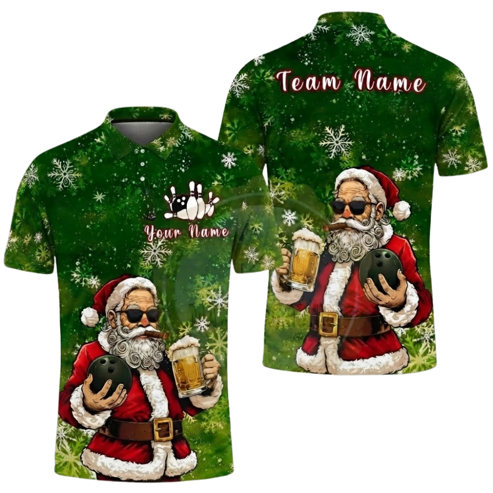 Custom Santa And Beer Bowling Polo Shirt Mens, Custom Christmas Bowling Shirt For Team BZ0624