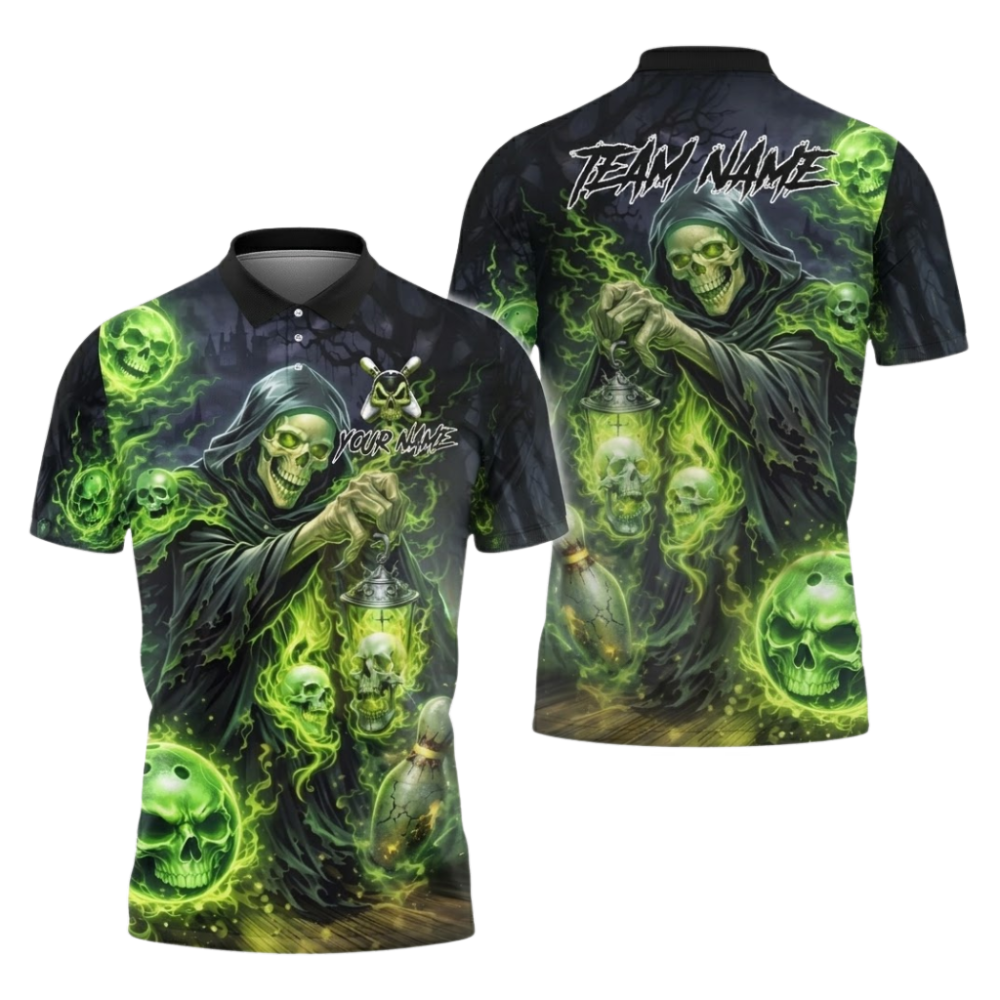 Custom Grim Reaper Bowling Mens Polo Shirt Black And Green, Custom Skull Bowling Team Shirts BZ1100