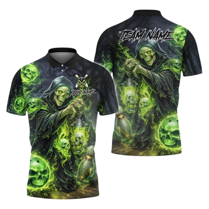 Custom Grim Reaper Bowling Mens Polo Shirt Black And Green, Custom Skull Bowling Team Shirts BZ1100