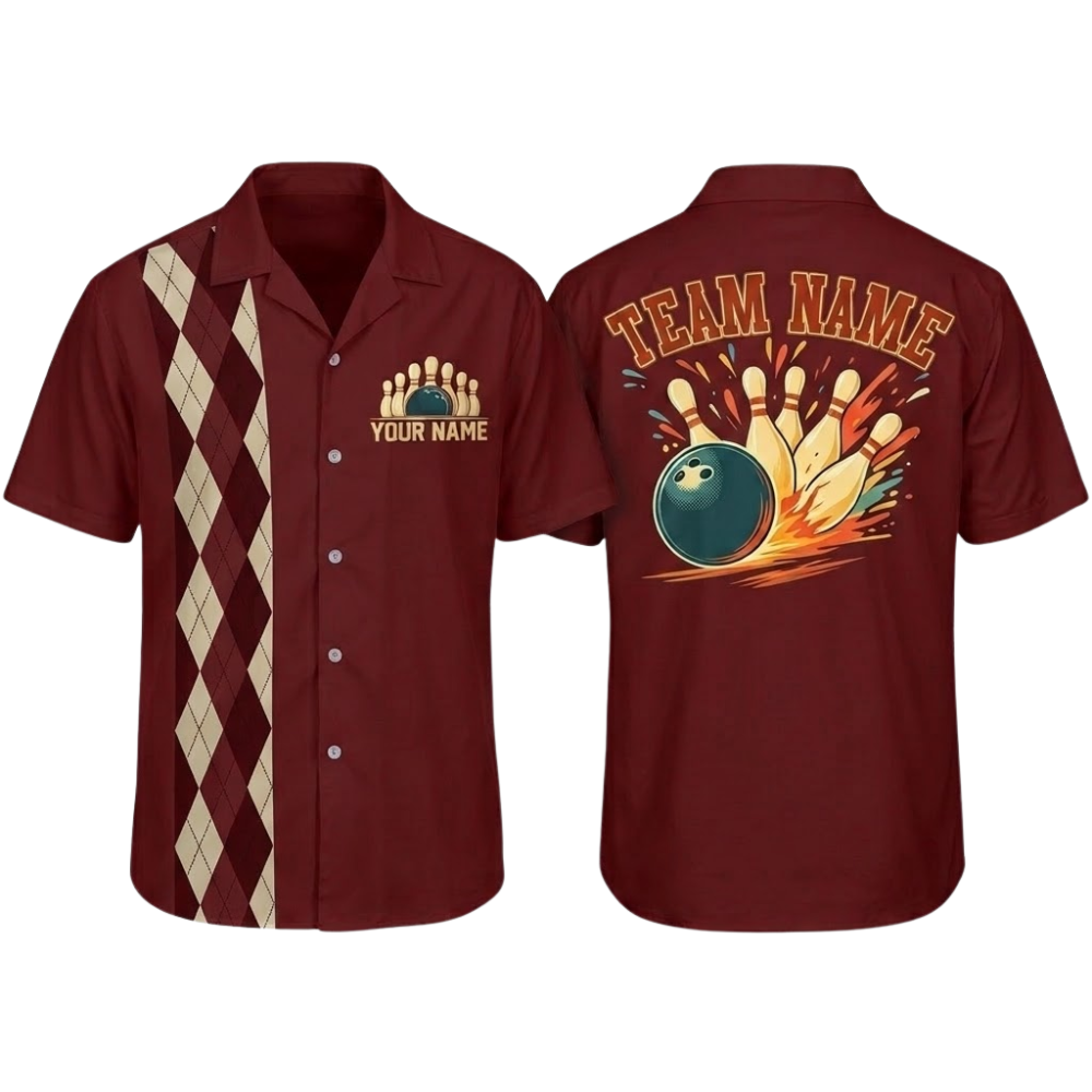 Custom Argyle Retro Navy Bowling Hawaiian Shirt Mens, Custom Team Retro Bowling Shirt BZ0797