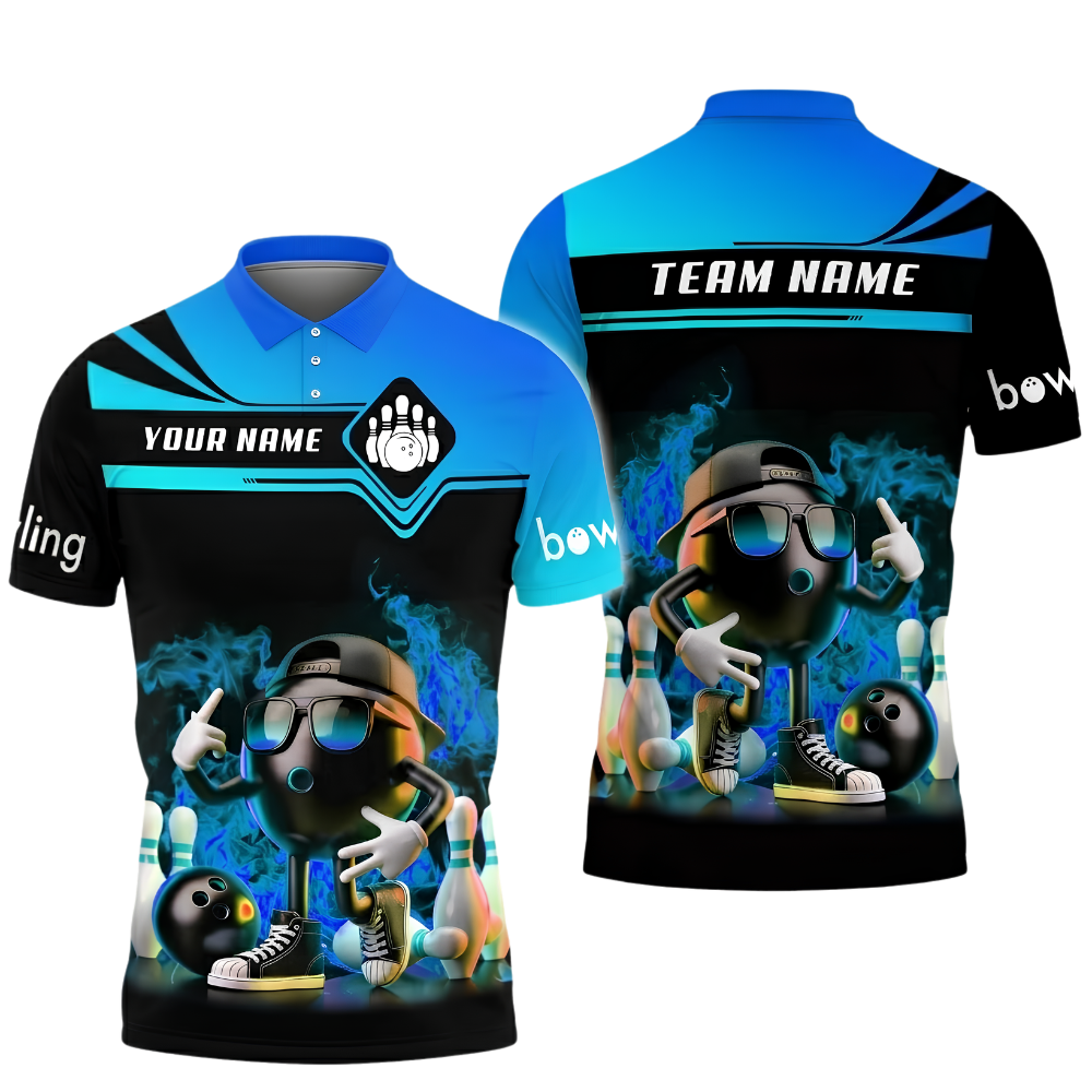Custom Funny Ball Flaming Bowling Polo Shirt Mens, Custom Flame Team Bowling Shirt BZ1028