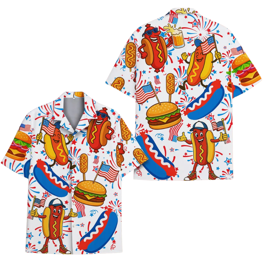 Funny Hot Dog Burger American Flag Hawaiian Shirt, Fun Food 4th Of July Hawaiian Shirts HE0345