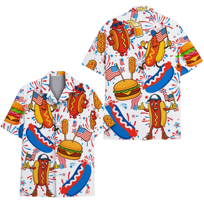 Funny Hot Dog Burger American Flag Hawaiian Shirt, Fun Food 4th Of July Hawaiian Shirts HE0345
