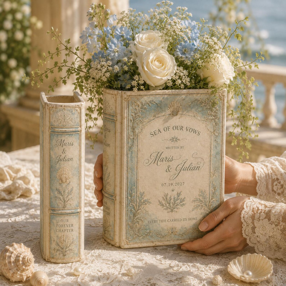 Custom Coastal Vintage Wedding Ceramic Book Vase, Custom Beach Destination Wedding Book Vase WD0595