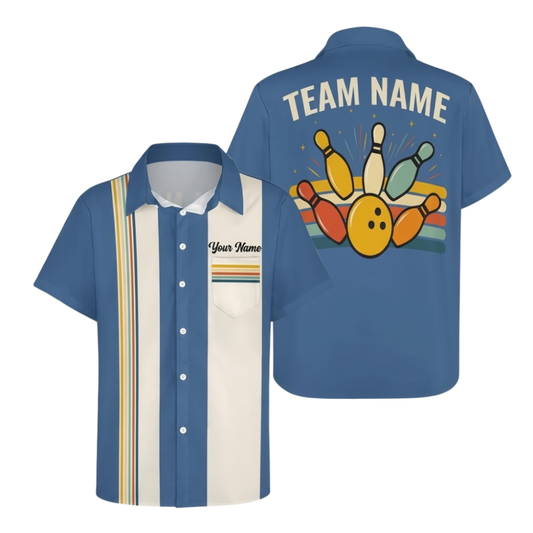 Custom Retro Hawaiian Bowling Shirt For Men Beige And Blue, Custom Retro Bowling Team Shirts BE0273