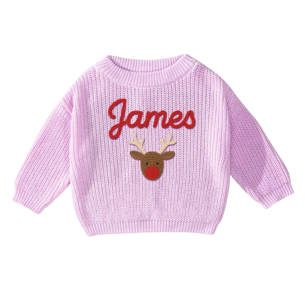 Custom Name Christmas Reindeer Embroider Knit Baby Sweater, Custom Christmas Baby Knit Sweatshirt BB0123