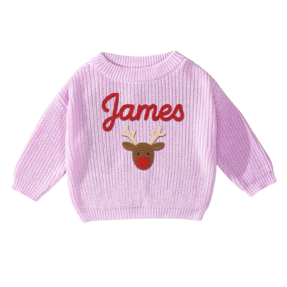 Custom Name Christmas Reindeer Embroider Knit Baby Sweater, Custom Christmas Baby Knit Sweatshirt BB0123