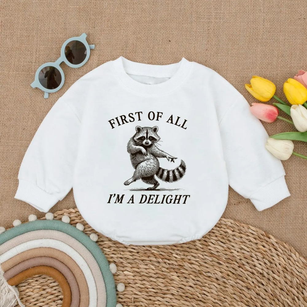 First Of All I'm The Delight Raccoon Baby Romper Sweatshirt, Funny Raccoon Romper Sweatshirt BB0694