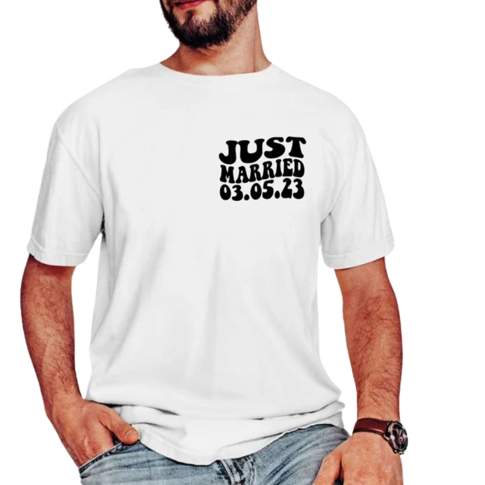 Just Married Personalized Bride And Groom Matching T Shirts, Custom Wedding Date Matching Couple Shirts ET0814