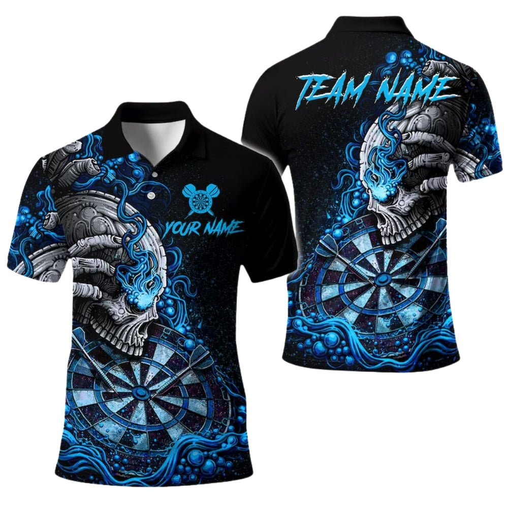 Custom Skull Flaming Black And Green Dart Men's Polo Shirt, Custom Skull Darts Team Shirts DE0088